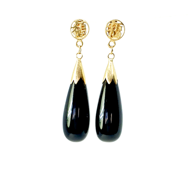aretes colgantes gotas de Onyx y oro